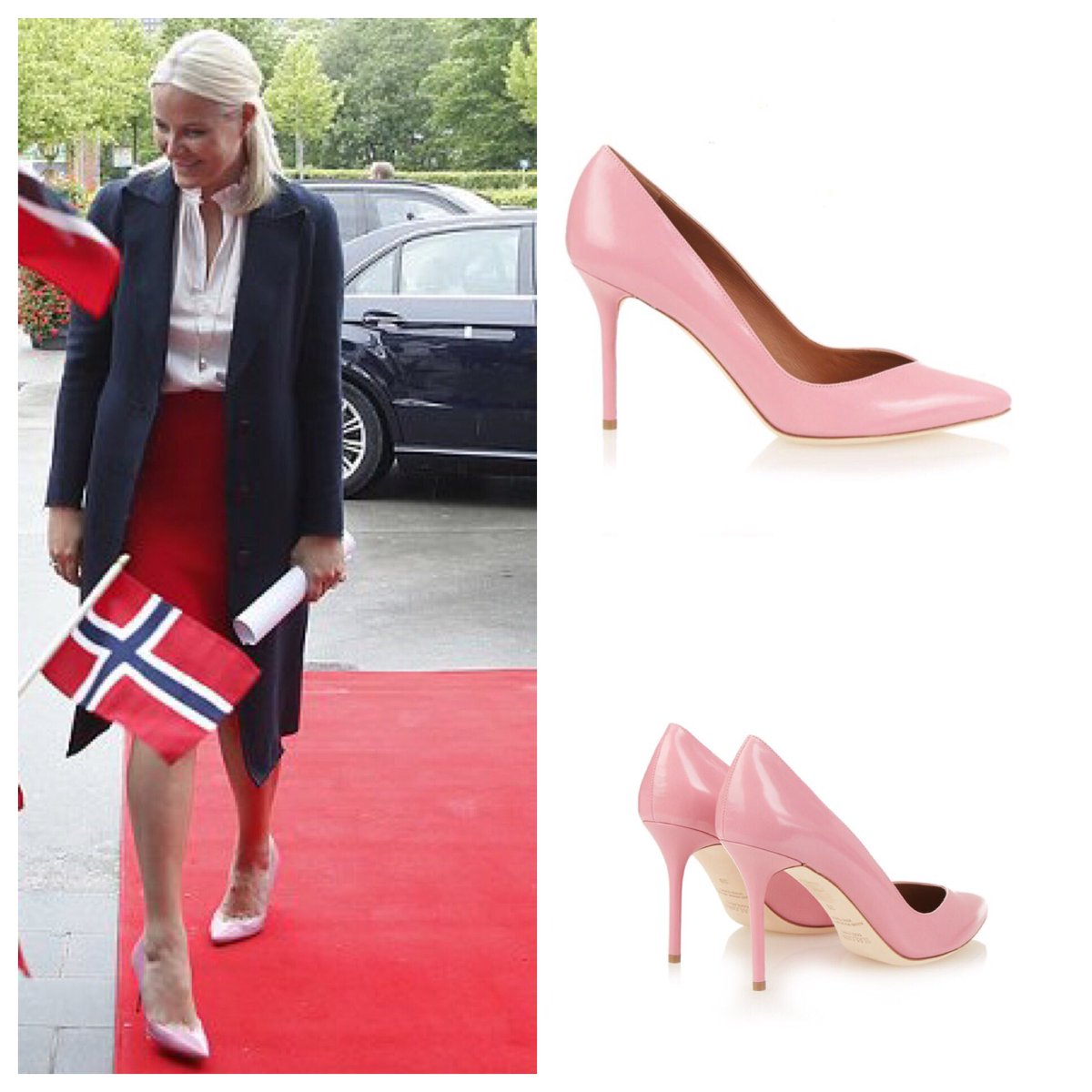New Find! 7/7/17: #CrownPrincessMetteMarit wore the Malone Souliers ‘Brenda’ Point-Toe Leather Pumps in Pink at one of her events. (📷: @crownprincessmm @parismatch_magazine @malonesouliers @lyst) (ID’ed by Me!)