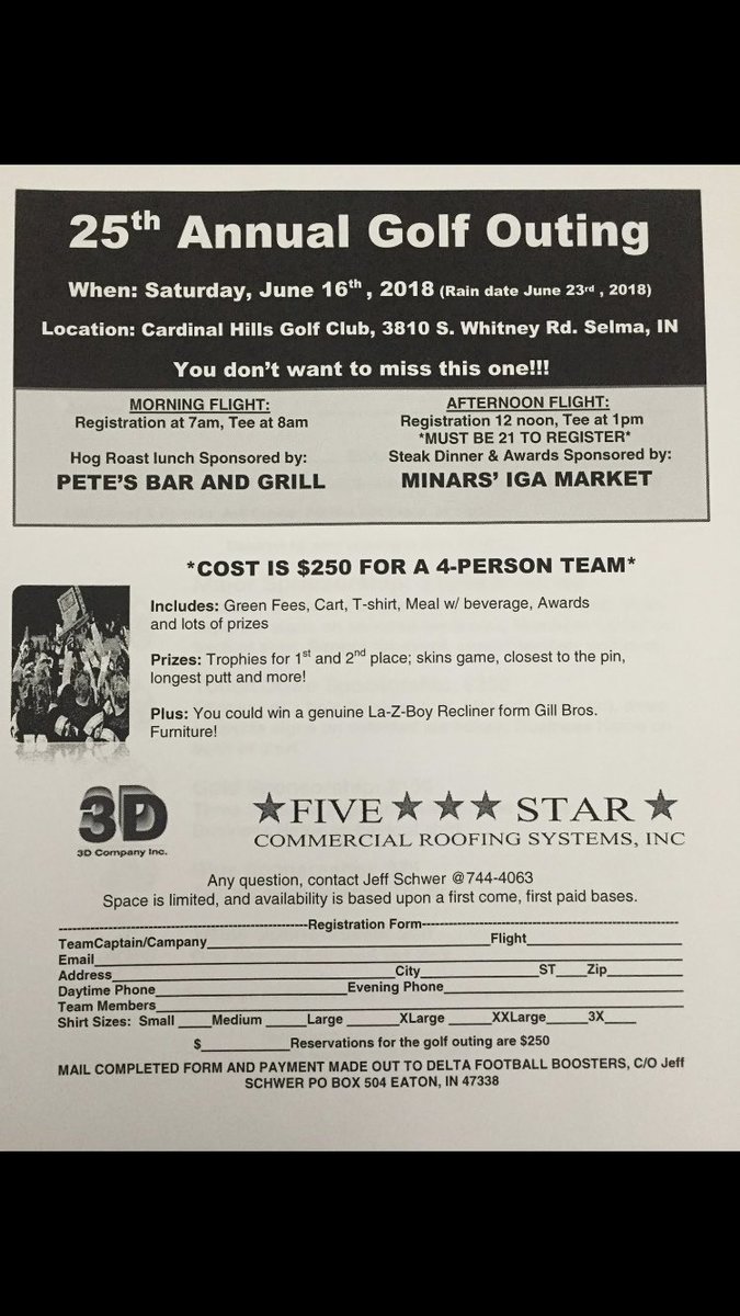 CoachOverholt's tweet photo. Come help us celebrate the 25th year of the Delta Football Golf Outing!  Same event, different location!  Your support keeps football 100% free for every player!  #EaglePride https://t.co/Gx9jZpTQgZ