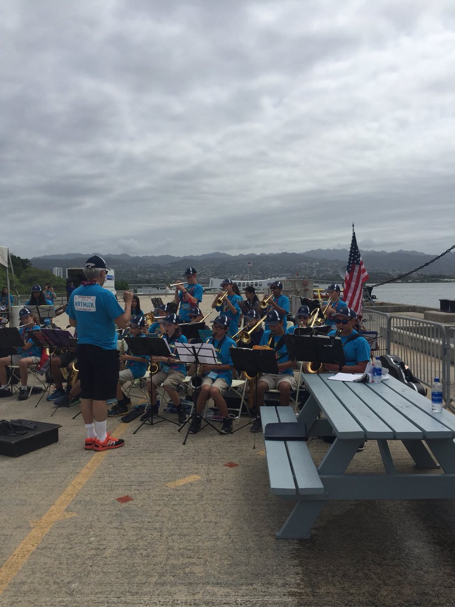 PrincipalAtHart's tweet photo. Hart MS Jazz band plays by infront of the USS Missouri and you can see the Pearl Harbor memorial in a he background... https://t.co/UhUj3G21dE
