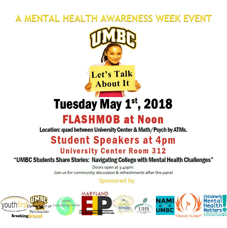 mentalhealthMD's tweet photo. UMBC will host 2 dynamic events on Tues. May 1st to kickoff @ChildrensMHM Awareness Week - A flash mob at 12pm &amp; panel led by students at 4pm who will share about navigating through college with mental health challenges. Link to flash mob dance tutorial: https://t.co/Ia28R5VMdt https://t.co/3tTgjaf1aZ