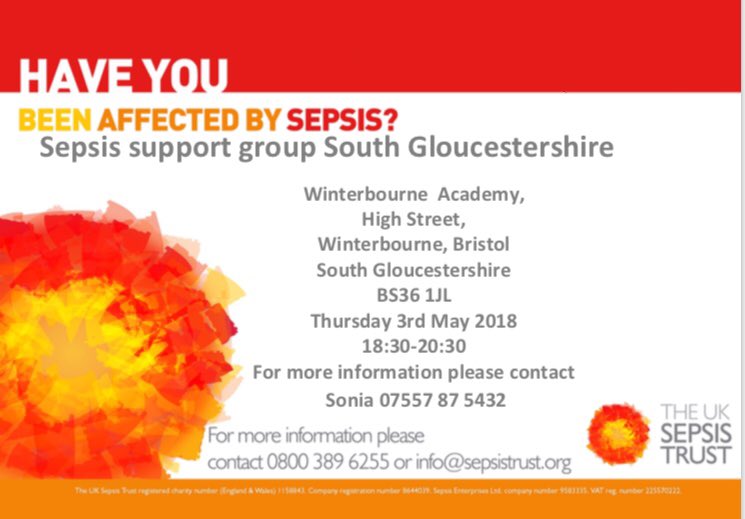 SoniaAdrissi's tweet photo. Please do come along & meet us for a very informal chat & a cuppa! Looking forward to seeing some new & old friends next Thurs 3rd May #SepsisSupportGroup within #SouthGlos @NorthBristolNHS area @dr_nigel_lane @Mountain_medica @Vardeep_QI @LMotuel @annielangford3 @armstrongduff https://t.co/hPTy3SjDAa