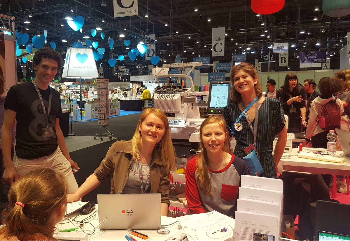 DKSch's tweet photo. #embroiderymachine at large @livregeneve book fair. Visitors draw a picture and we give them a patch. Big success. 1st #embroideryforchange. class in higher education @TECFA @UNIGEnews. https://t.co/JTunJ35Xtk. Big thanks to Stitch Era and Brother for understanding education. https://t.co/9XMHRD4JBb