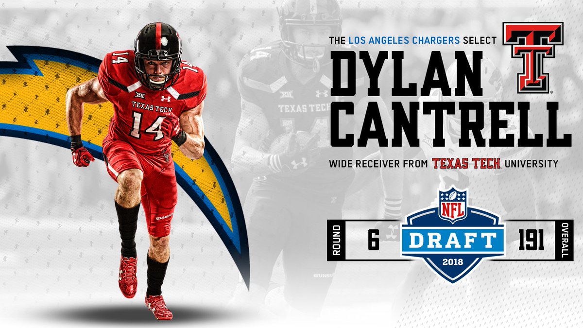 TexasTechFB's tweet photo. A Red Raider selecting another Red Raider. 

@dylancantrell14 heads to the @Chargers and head coach Anthony Lynn! #WreckEm https://t.co/7cefMrGd53