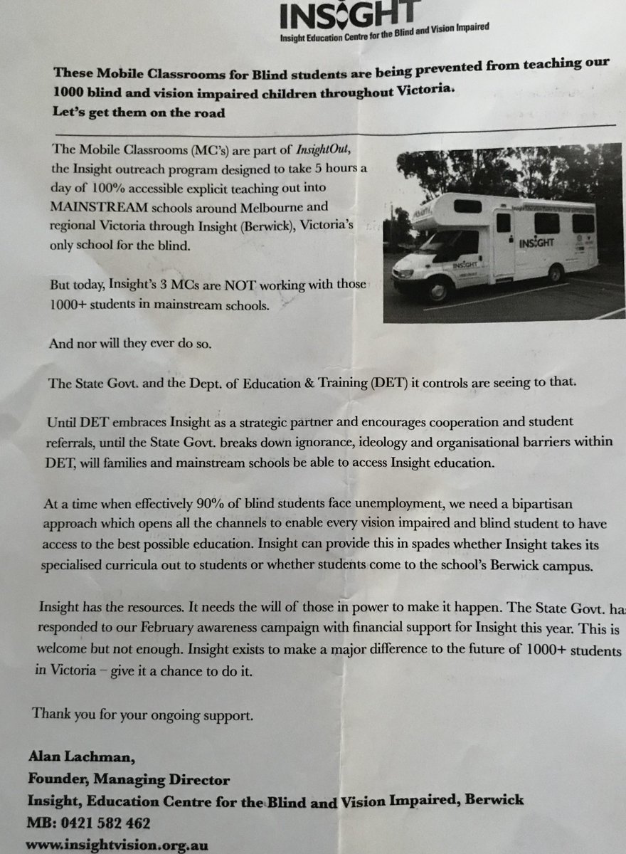 IngaPeulich's tweet image. Why is the Andrews Labor Government not making referrals of visually impaired students to Insight , the expert education  provider located  in Berwick? Great to catch up with founder Alan Lachman with InsightOut Mobile Classroom yesterday ! #springst @CoalitionVic @CityOfCasey