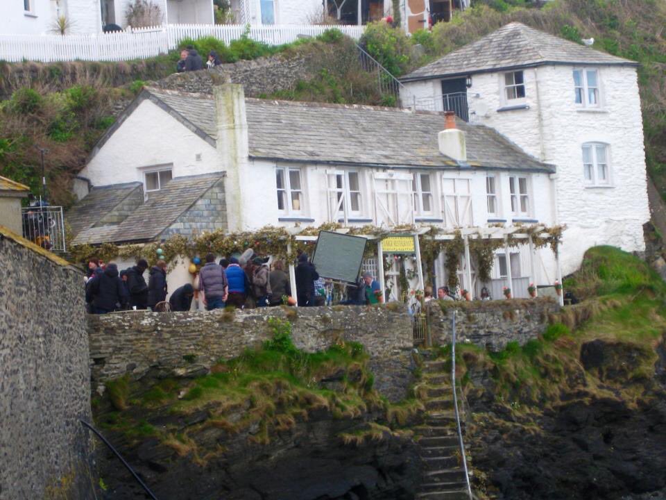 #Filmcrew at Large's #Restaurant in Port Isaac, Cornwall, preparing to film some #scenes of the #televisionseries #DocMartin
#Largesrestaurant #RoscarrockHill #portisaac #cornwall #cameramen #filming  #film  #actors #crew #martinclunes #IanmcNeice #joeabsolom #chatting #waiting