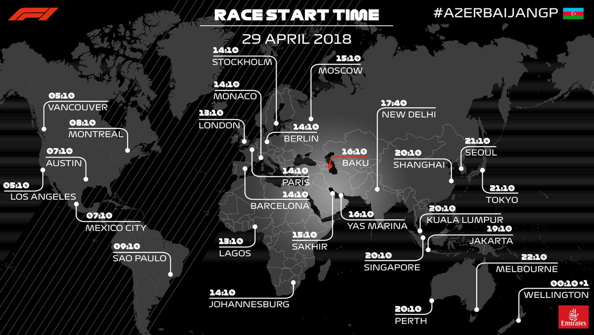 F1's tweet photo. RACE START TIMES 🌍⏰

Are you ready for Round 4?

Don't miss a minute from Baku

Here's what time the lights go out where you are 

#AzerbaijanGP #F1 🇦🇿 https://t.co/opYLMrQ87C