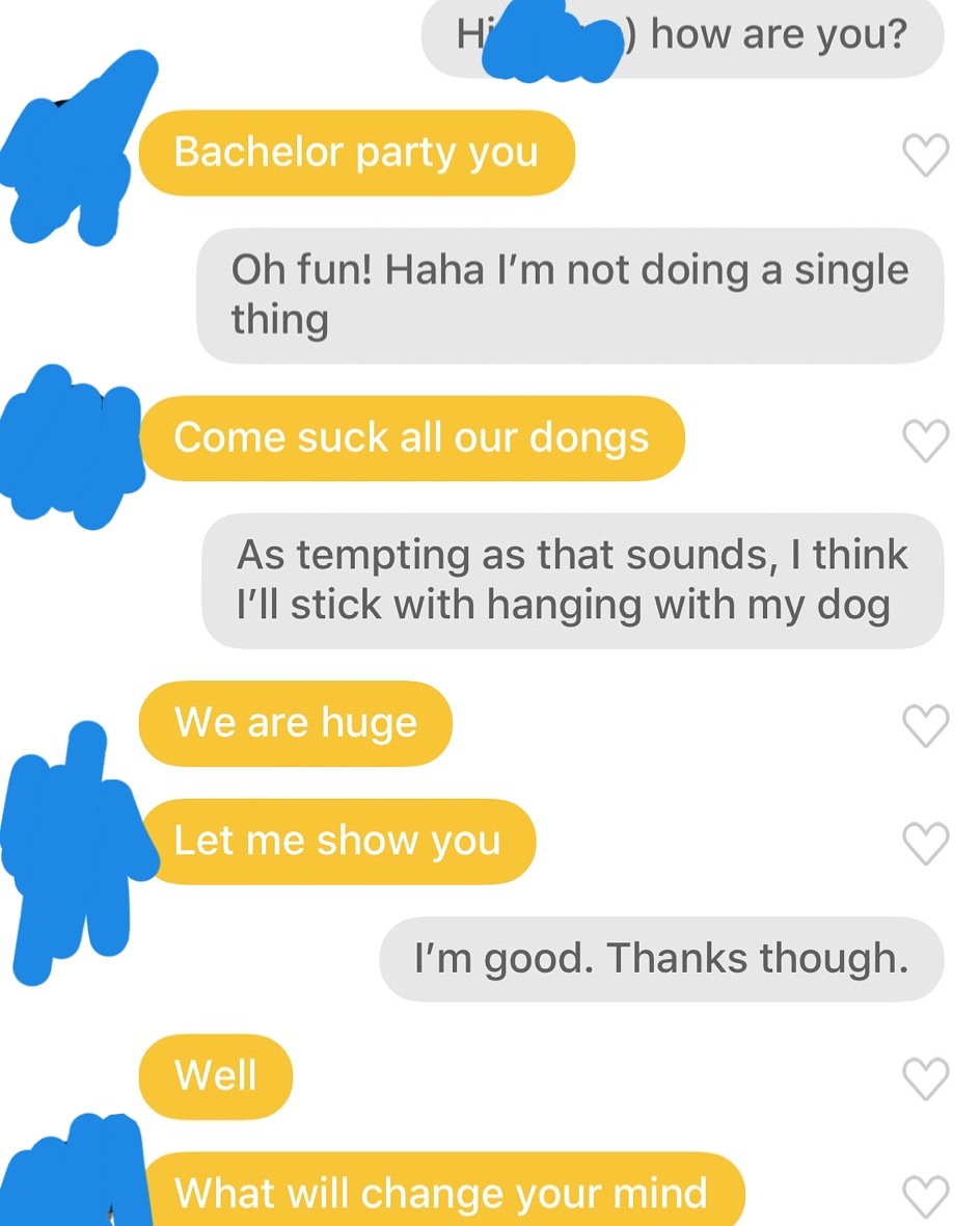 thestudwasadud's tweet photo. Today's #studturneddud convo comes courtesy of a friend. She found a real winner with this one! #thestudwasadud #onlinedating #bumble #bachelorparty #winner https://t.co/Bnt8TmDZBC