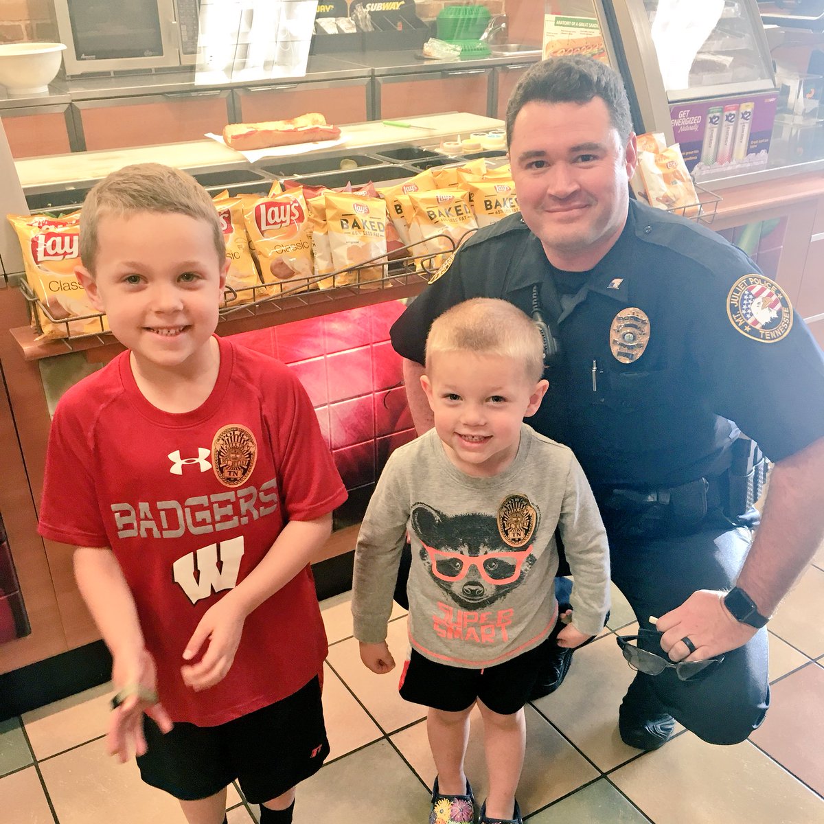 MtJulietPolice's tweet photo. These little fellas got sticker badges when they met Cpl. Elliott & Ofc. Bancroft (pictured) at Subway. #MJCommunityStrong https://t.co/37ocoVeZDh