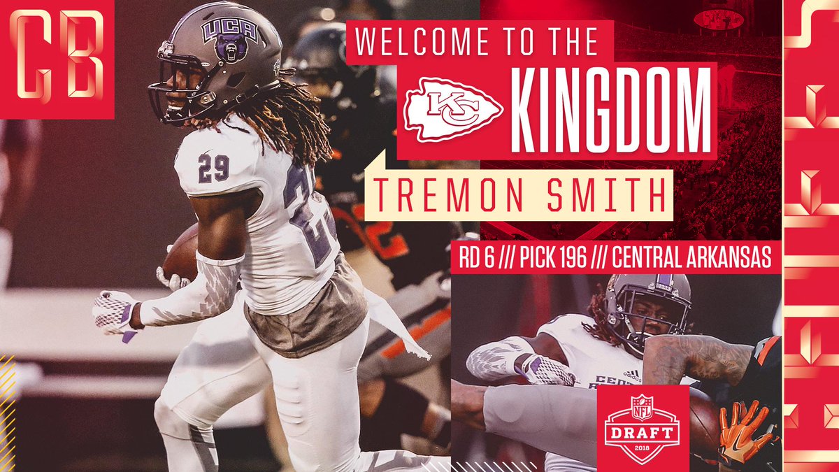 KCTicoSports's tweet photo. Con la seleccion #196 del #NFLDraft los @Chiefs seleccionan a #TremonSmith proveniente de #CentralArkansas
Bienvenido a #ChiefsKingdom
#VamosChiefs https://t.co/Pstjr7IfGF