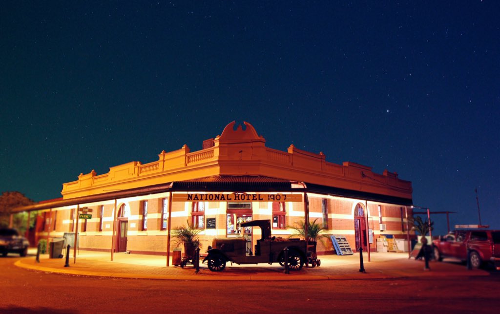 a_film_maker's tweet photo. The last remaining hotel out of 4 to survive - The National.  There were up to 6,000 people living in Sandstone during the gold rush days, but once the gold had ‘run out’ only 200 people remained.  #Outback WA https://t.co/Awt24umWr3