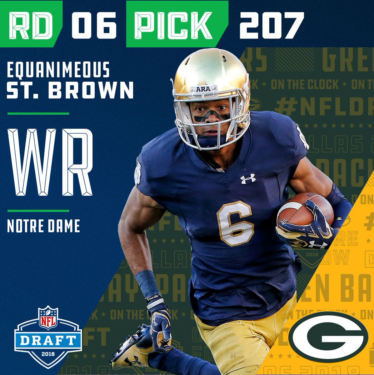 NFL's tweet photo. With the #207 overall pick in the 2018 #NFLDraft, the @packers select WR @Equanimeous St. Brown!

📺: NFLN/ESPN https://t.co/83ppZrOqIQ