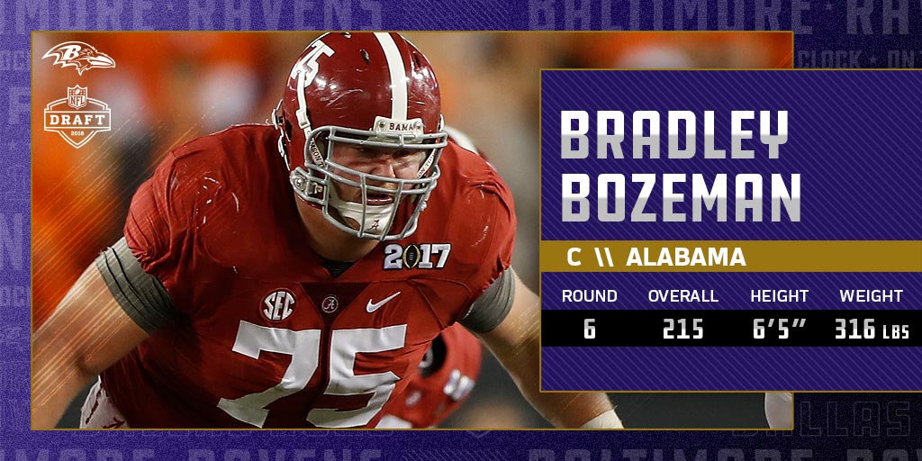 Ravens's tweet photo. We have selected C Bradley Bozeman from @AlabamaFTBL with the 215th pick! https://t.co/BlFF8NtnkR