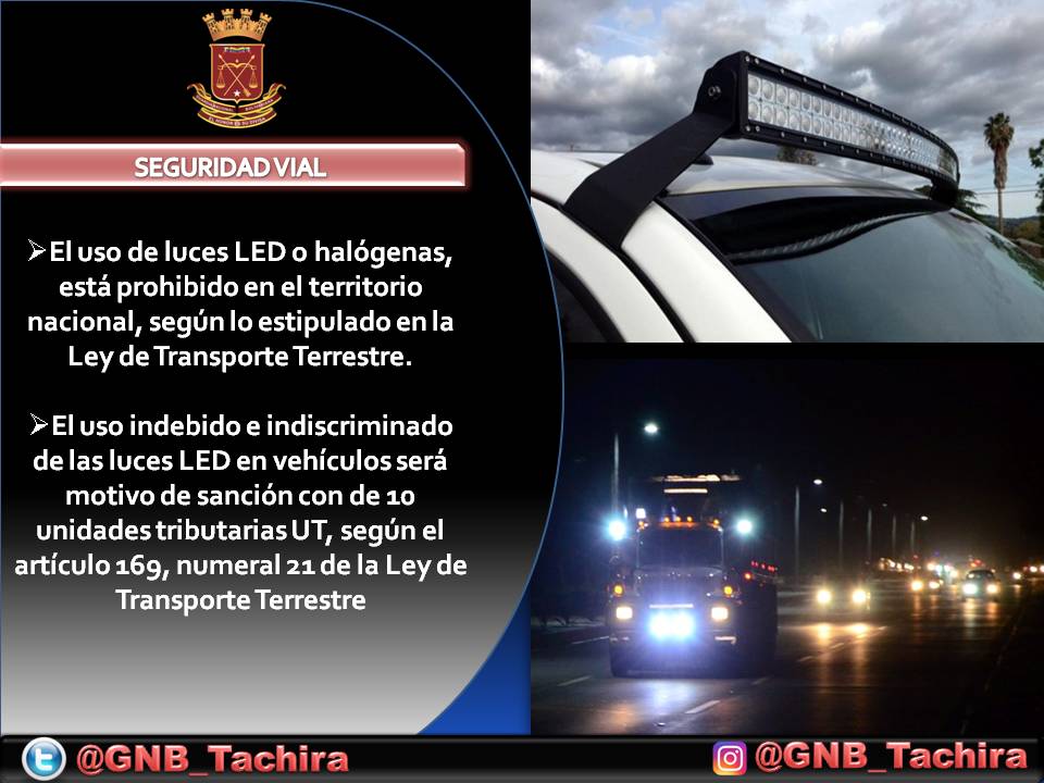 FANB #GNB El uso de este tipo de luces dificultan tu visibilidad al conducir, y te pueden causar severos daños visuales, ayúdanos a hacer cumplir la ley ¡¡Denuncia!! es tu deber ciudadano. Garantizadores del orden, previsores del desorden. Voluntad inquebrantable. <a href="/GNBoficial/">GNB FANB</a>