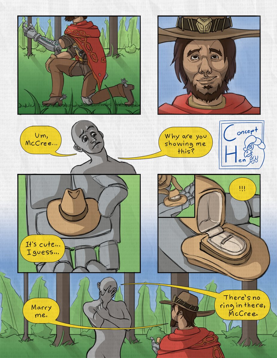 concept_hen's tweet photo. When you’re super excited to show off your engagement ring box to your babe that you forget to actually buy a ring to propose with.
The grey person can be whoever you want them to be, by the way.
Patreon: https://t.co/wG2n84jggZ
#Overwatch #Blizzard #McCree #comic https://t.co/pvJf9pmJUJ