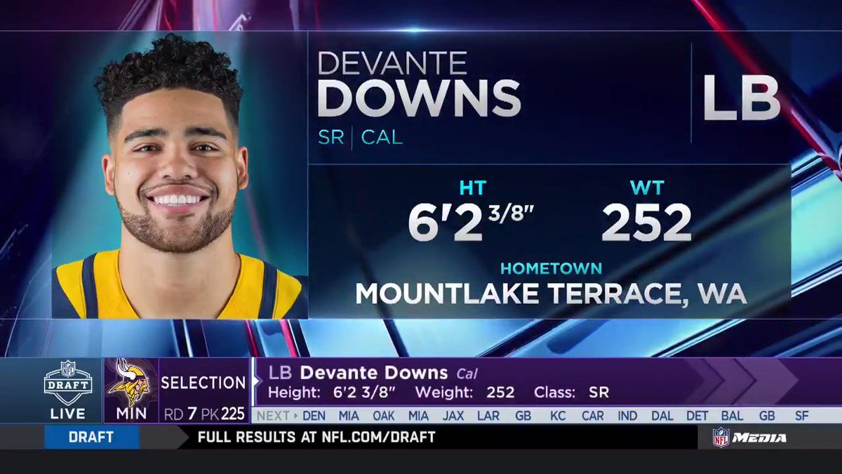 At No. 225 overall (7th round), we've selected @CalFootball LB @devan1e. #VikingsDraft  📺: @nflnetwork https://t.co/tKEVf5JKTI