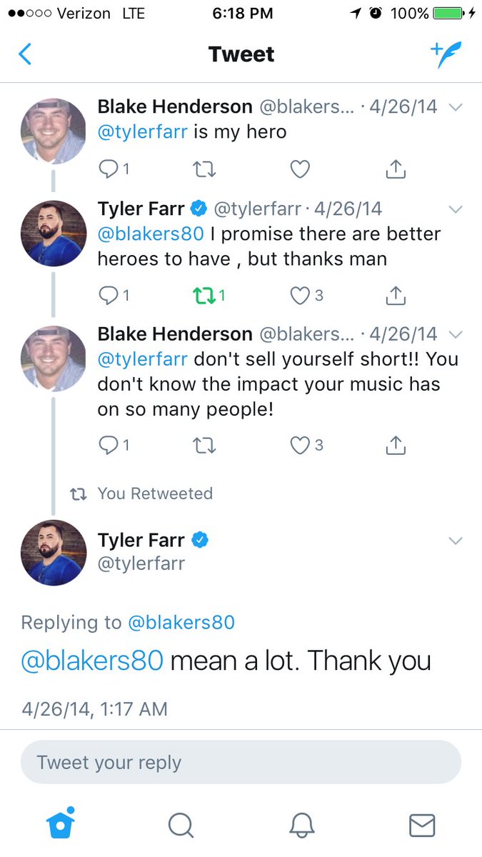 blakers80's tweet photo. Always will remember when @tylerfarr tweeted me back a few years ago. So awesome to be able to talk to the artists you love and listen to all the time. Hopefully@more new music soon!! https://t.co/vAKTJhdv2A