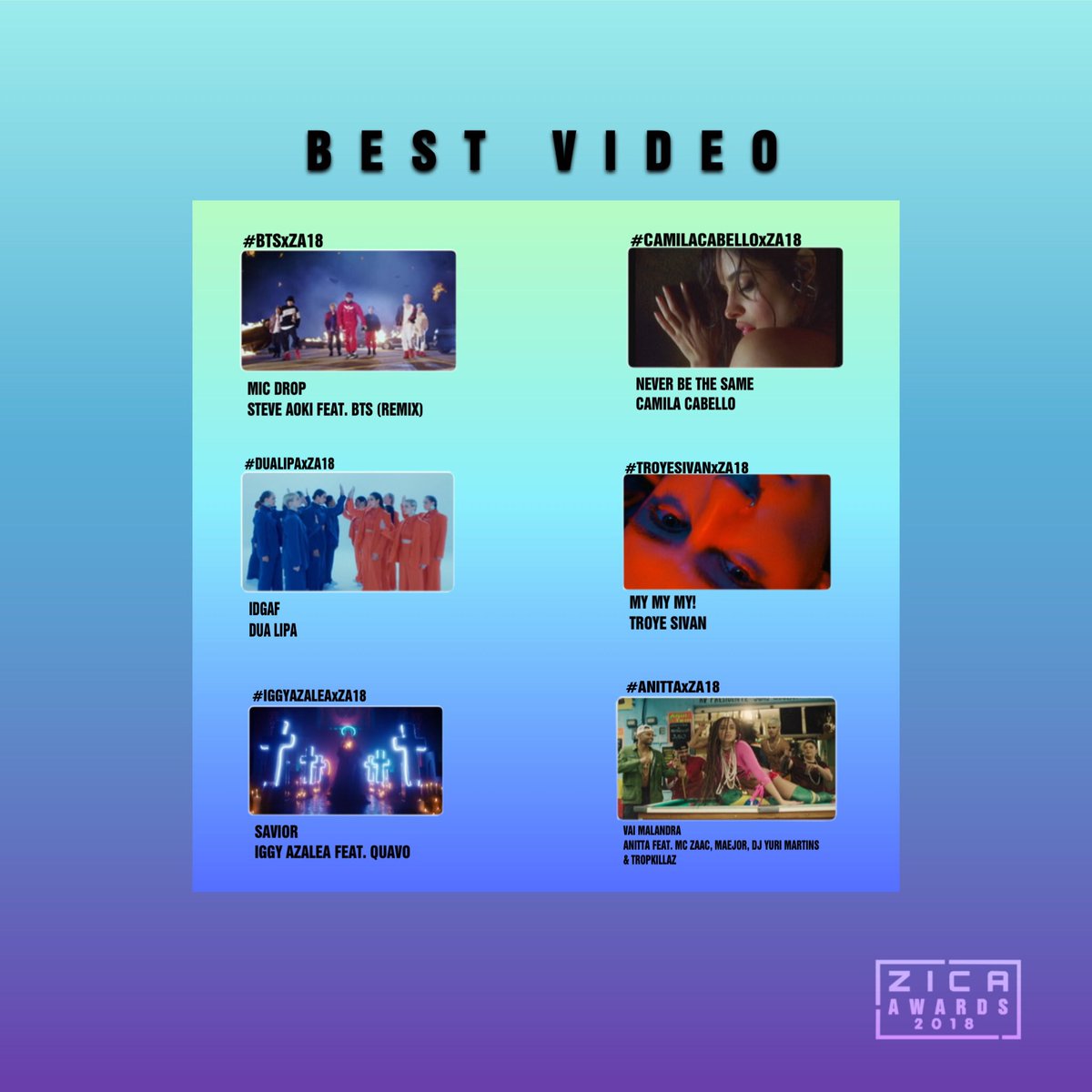 ZicaAwards's tweet photo. NOMINEES__BEST_VIDEO___

MIC DROP (REMIX) • @steveaoki feat. @BTS_twt 
—-
IDGAF • @DUALIPA 
—- 
MY MY MY! • @troyesivan 
—- 
NEVER BE THE SAME • @Camila_Cabello 
—-
SAVIOR • @IGGYAZALEA feat. @QuavoStuntin 
—- 
VAI MALANDRA • @Anitta and + 

ZICA AWARDS • MAY 25th • #ZA18 https://t.co/jhOFGhpgdj