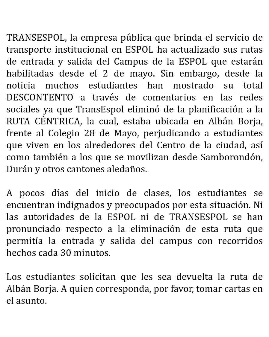 poli_delirio's tweet photo. #RutaAlbánBorja #TransEspol #ESPOL https://t.co/Ctlkl7O33P
