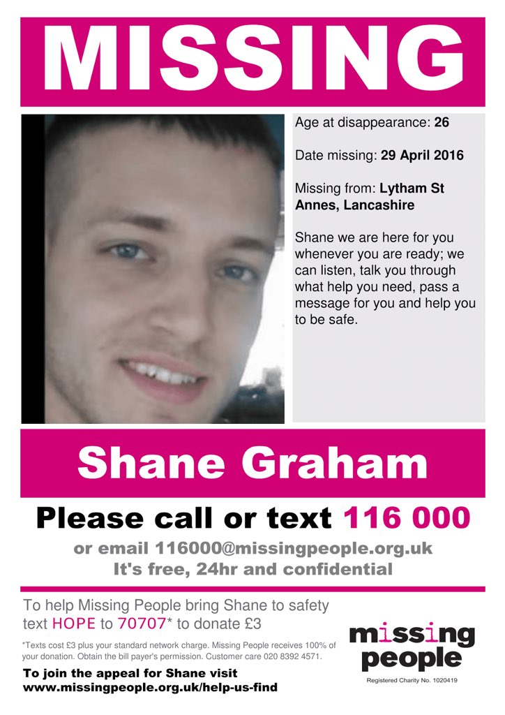 Shane Graham was 26yrs old when he went missing 29 April 2016 from Lytham St Anne’s, Lancashire missingpeople.org.uk/help-us-find/s… #FindShaneGraham