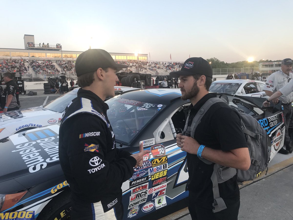 NASCARRegional's tweet image. #KNEast driver @anthonyfalfredo talks to #NCWTS driver @LandonHuffman who is calling the shots for the @MdmMotorsports driver from the Spotters Stand tonight @LangleySpeedway.

#VisitHamptonVA150