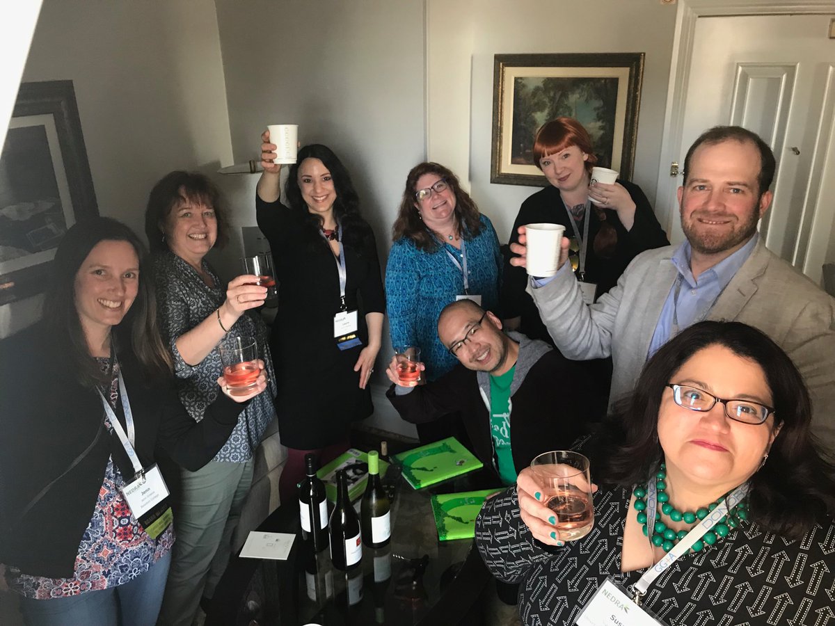 ABBegg's tweet photo. @NEDRA_Tweets NEDRA board toasting the conference with wine from a billionaire’s vineyard. Missing Suzy and Erin. #NEDRAcon2018 https://t.co/etXudQu2Sj