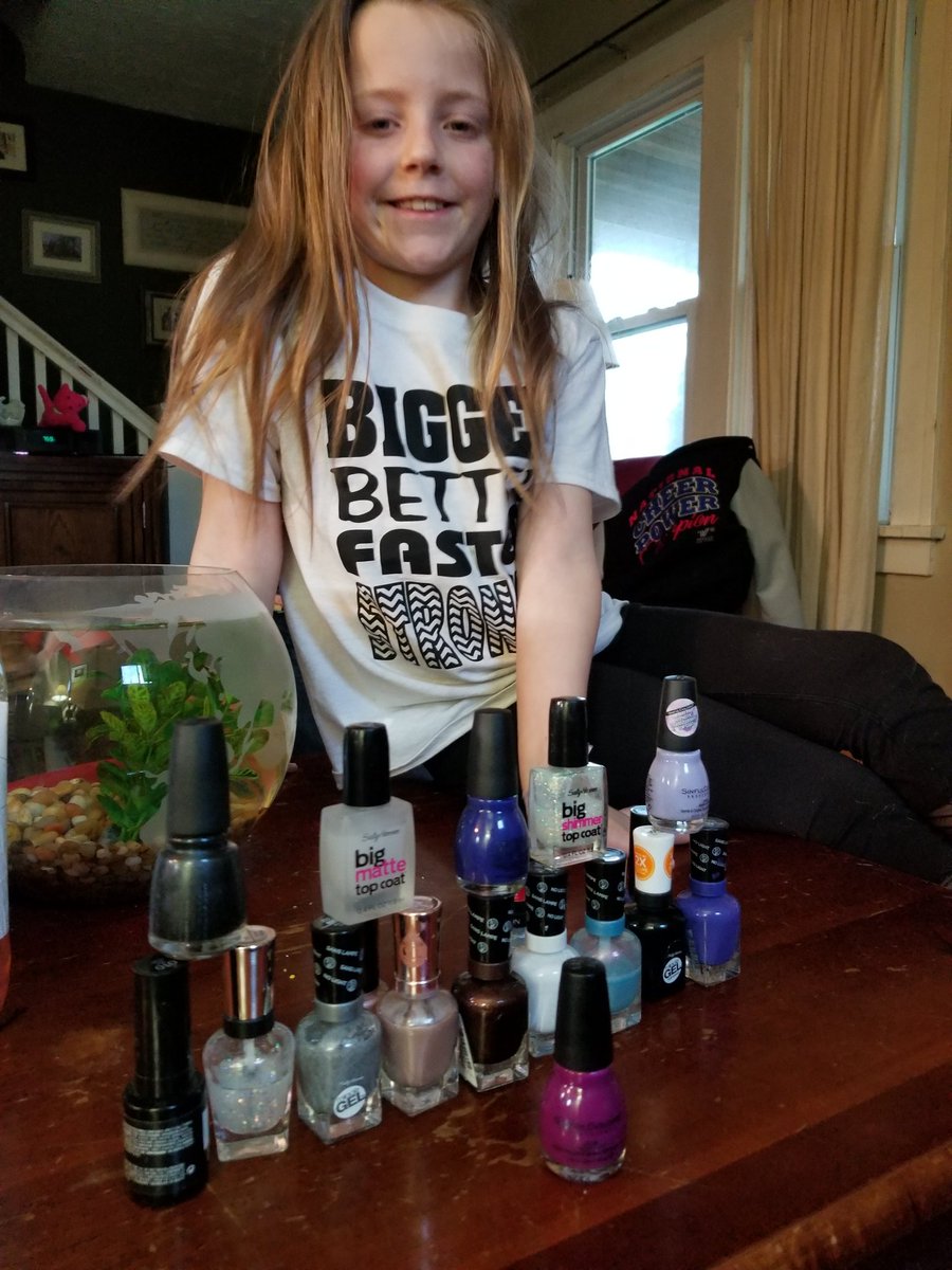 jrholfeltz's tweet photo. This kid has spent hours and I mean hours rearranging these nail polish bottles creating a complete cheer routine. We have had it all...opening through pyramid. Still figuring out dance. #futurechoreographer #wicked1s #r2 #symetricaltransitions #justlikecoachmallory ❤💛💜 https://t.co/uvMjHQG2Ak