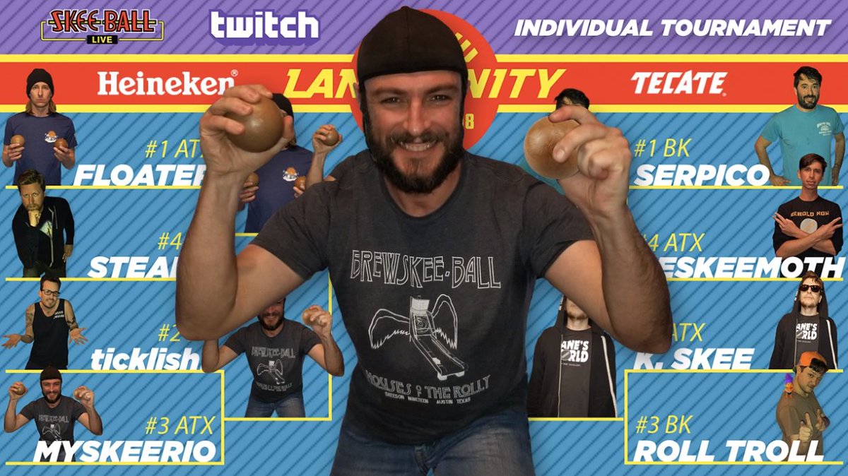 BrewskeeBall's tweet photo. Rey Myskeerio breaks his runner-up streak on Lanesanity 2018! Tune in on Twitch for behind the scenes chats with the rollers. The Austin vs Brooklyn team championship is up next! https://t.co/HTKmVL8Wti #skeeball #livestream #streaming #austin #brooklyn https://t.co/NmDRVqN6m5