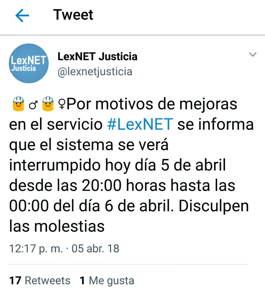 Alopez_Letrado's tweet photo. Nuevo hilo sobre #PatataLexnet: el 5 de abril (jueves) por la mañana se informa de un parón en el sistema desde las 20 horas hasta las 00.00 del día 6. Avisan escasas horas antes, por lo que resulta complicado creer que con tan poco tiempo sean tareas programadas. https://t.co/4WhoY4whpd