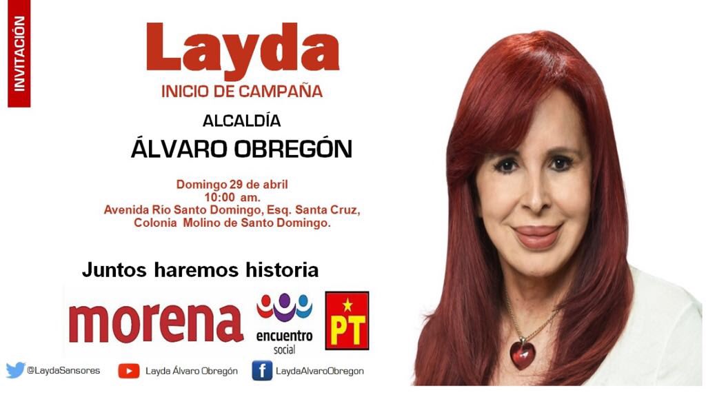 Layda Sansores on X: "Te invito al arranque de mi campaña para contender por la Alcaldía de #ÁlvaroObregón. ¡Acompáñame! #JuntosHaremosHistoria #TodosLosColoresTodasLasIdeas #InnovaciónYEsperanza #MorenaVa https://t.co/iy3bylzjk4 https://t.co ...