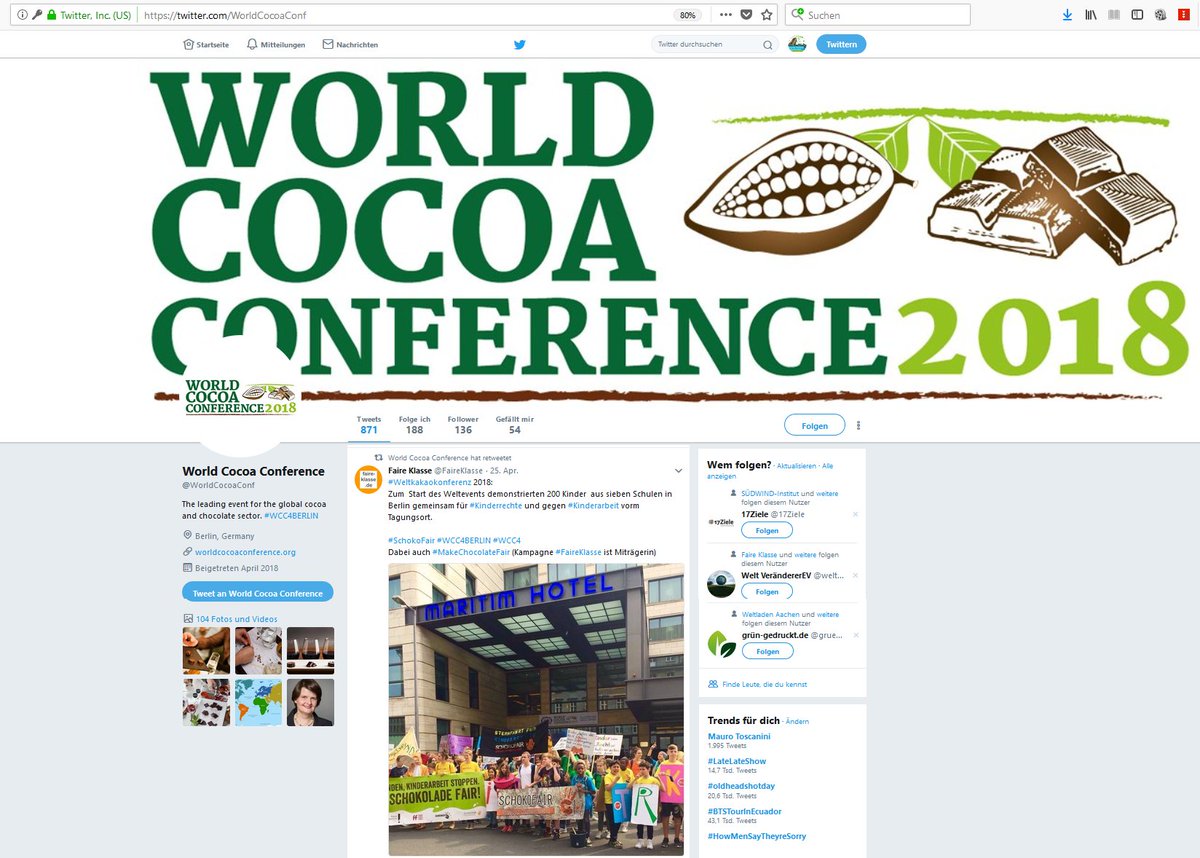 FaireKlasse's tweet photo. Auf dem Foto sieht man den Retweet unseres Posts auf der Twitterseite der World Cocoa Conference 2018: 
Zum Start der #Weltkakaokonferenz demonstrierten 200 Kinder aus sieben Schulen in Berlin gemeinsam für gegen #Kinderarbeit auf Kakaoplantagen. #WCC4BERLIN #makechocolatefair https://t.co/gf7MjHs02a