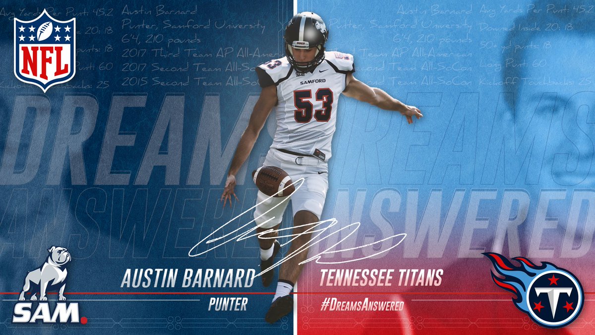 SamfordFootball's tweet photo. Congratulations to @barnyard47 for signing a free agent deal with the @Titans!

#SamfordStrong #DreamsAnswered #DogsIntheNFL 
#FCS 
#TitanUp https://t.co/YVrbPNxe9j