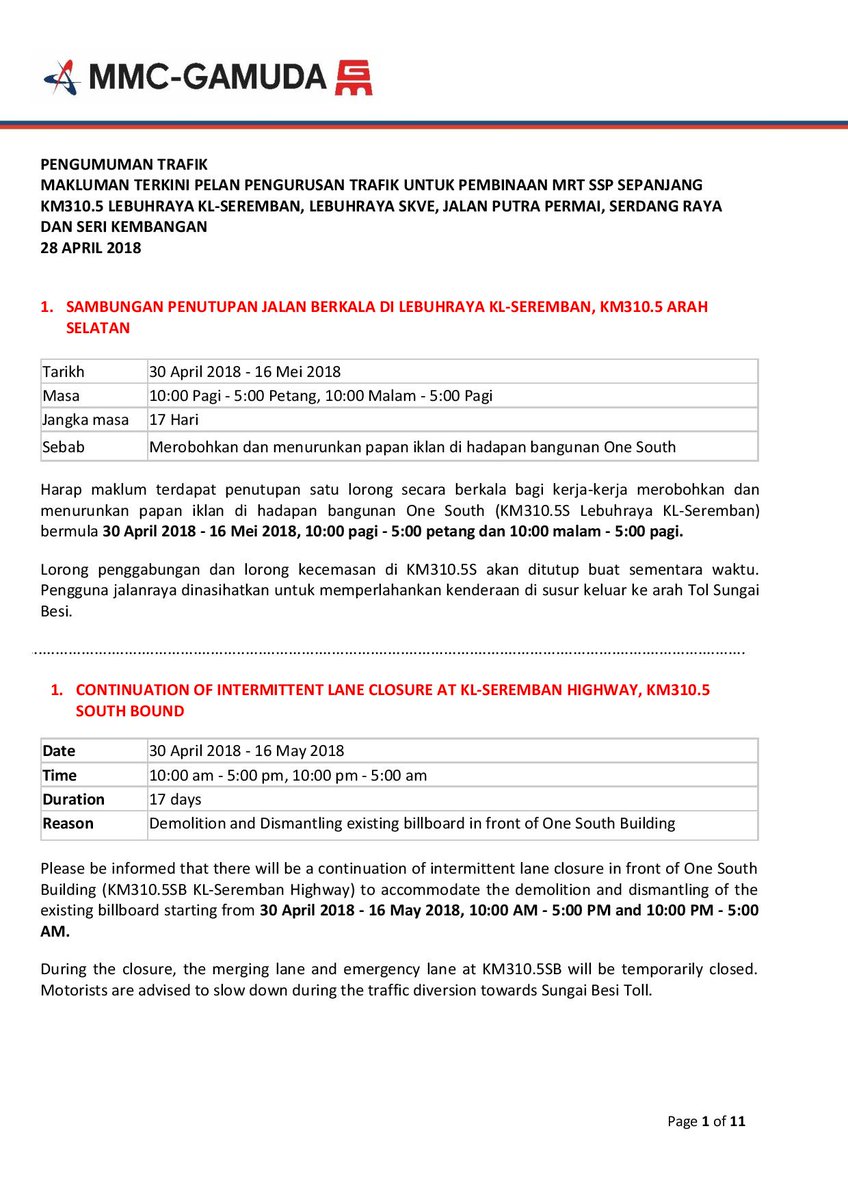 Mrt Corp On Twitter Continuation Of Intermittent Lane Closure At Kl Seremban Highway Km310 5 South Bound Date 30 April 2018 16 May 2018 Time 10 00 Am 5 00 Pm 10 00