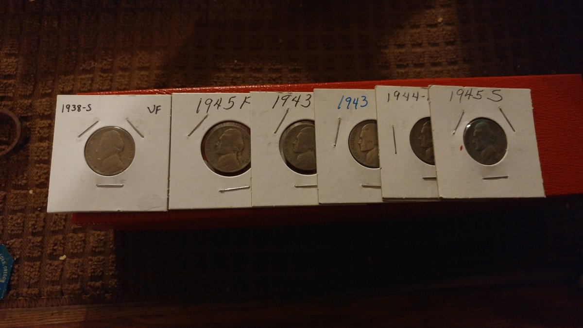 RonTablos's tweet image. So far, 5 war nickels from the gift box. Also worth mentioning, a 1938 S nickel. It is marked as VF but it looks like its in great shape to be 80 years old! #coins #coinseverywhere