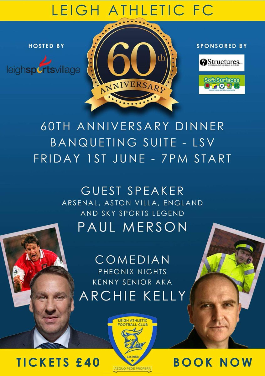 Leigh Athletic FC (@leighathleticfc) on Twitter photo BIG ANNOUCEMENT!!!
<a href="/LeighAthleticFC/">Leigh Athletic FC</a> are hosting our 60th anniversary dinner on Friday 1st June at <a href="/lsvstadium/">Leigh Sports Village</a>
Phoenix Nights actor Archie Kelly will join Arsenal & Villa legend and Sky Sports pundit <a href="/PaulMerse/">Paul Merson</a>
Get in touch for ticket/table information
#upthetics BIG ANNOUCEMENT!!!
<a href="/LeighAthleticFC/">Leigh Athletic FC</a> are hosting our 60th anniversary dinner on Friday 1st June at <a href="/lsvstadium/">Leigh Sports Village</a>
Phoenix Nights actor Archie Kelly will join Arsenal & Villa legend and Sky Sports pundit <a href="/PaulMerse/">Paul Merson</a>
Get in touch for ticket/table information
#upthetics