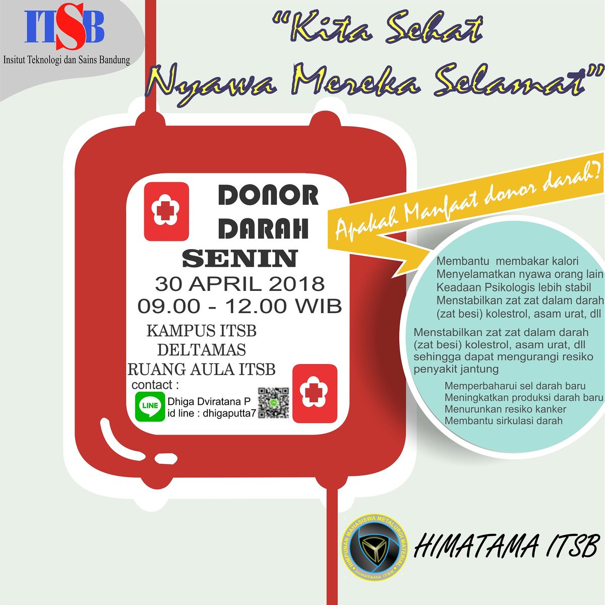 [Donor Darah]

HIMATAMA kembali hadir dengan program sosial nya yaitu donor darah.
Yukk donorkan darah kalian untuk sesama bagi yang membutuhkan.
Dicatat dan diingat ya..
📅 Tgl 30 April 2018
🕘 Pukul 09.00-12.00 WIB 
🏣 Aula ITSB

"Kita Sehat, Nyawa Mereka Selamat"