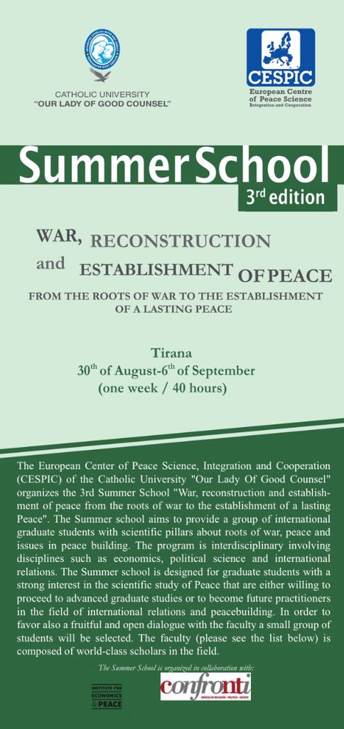 cespic's tweet photo. #cespic Summer school "War, Reconstruction &amp; Establishment of Peace” will be between Aug 30 &amp; Sep 6 in #Tirana. The program will provide students with scientific pillars &amp; roots of #war, #peace and #Peacebuilding info: https://t.co/d67BbPRD3K https://t.co/vhJAVqGIvV