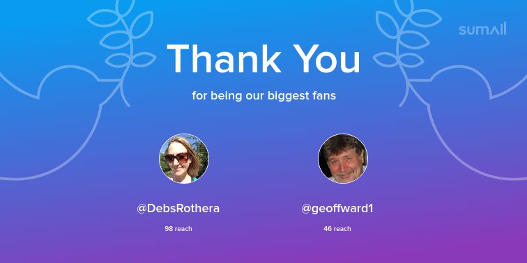 Our biggest fans this week: <a href="/DebsRothera/">Debs Rothera</a>, <a href="/geoffward1/">Geoff Ward</a>. Thank you! via sumall.com/thankyou?utm_s…