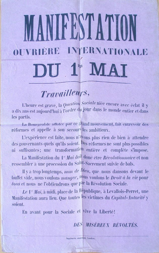 1er maiFête internationale des travailleuses et des travailleurs depuis 1889Et NON fête du travail !Un peu d’histoire de ce jour si emblématique pour préparer la manif de mardi !