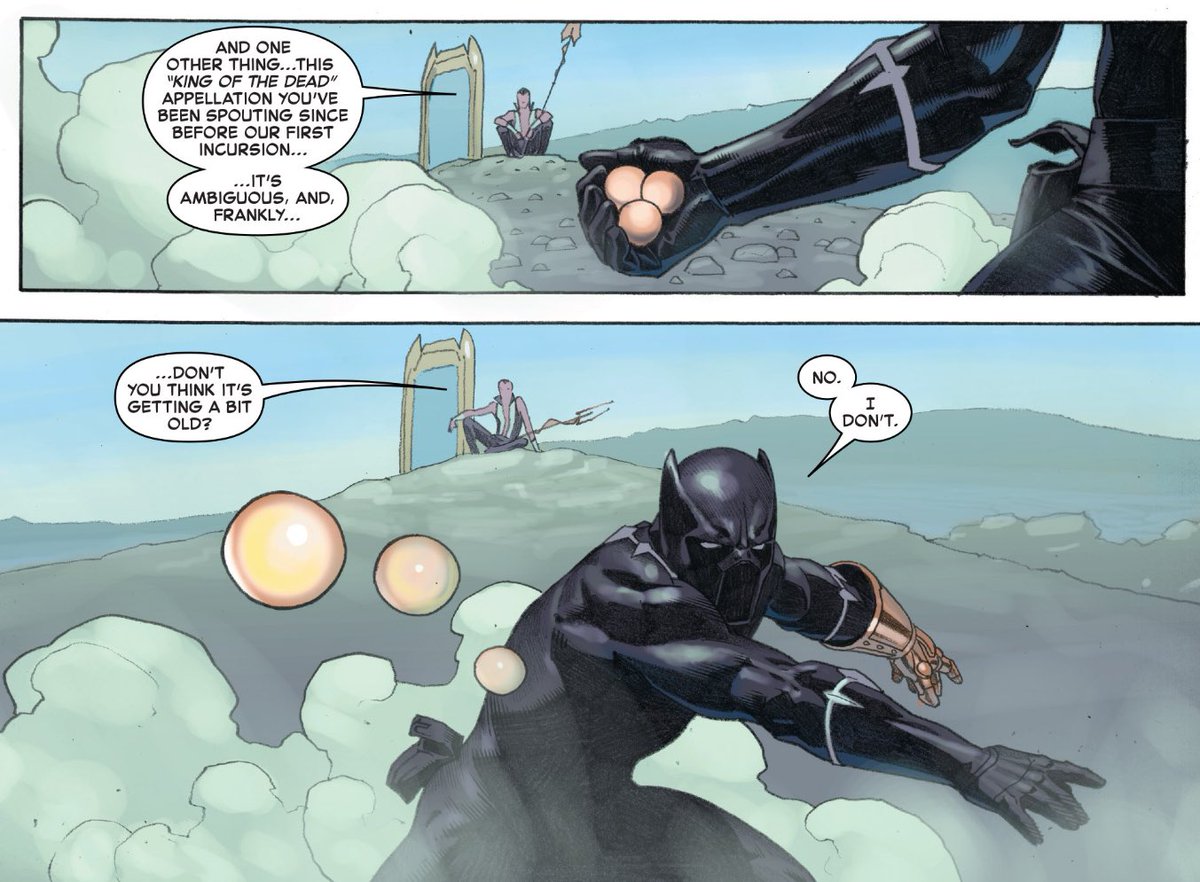 One of the really great extended set-up-and-pay-off bits from Hickman's run, having set up T'Challa as "King of the Dead" during his "Fantastic Four" run more than three years earlier.(Secret Wars #7.)