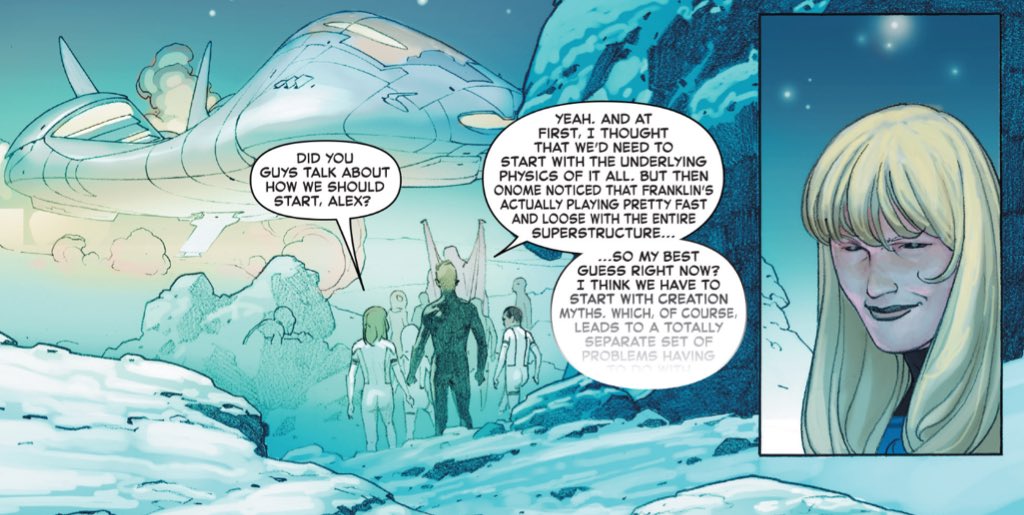 "Did you guys talk about how we should start, Alex?""I think we should start with creation myths."Of course Hickman's epic circles back to the Fantastic Four, effectively the Marvel Universe's "creation myth."(Secret Wars #9.)