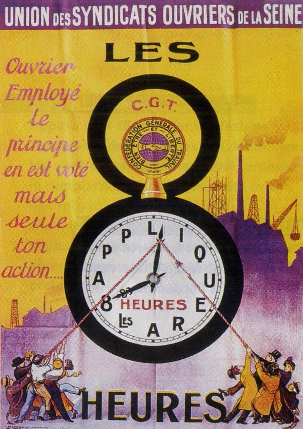 13)Le 23 avril 1919, une loi institue la journée de huit heures et fait du 1er mai suivant une journée chôméeIl faut dire que le pouvoir craignait tellement le 1er mai 1919 qu’il préfère désamorcer les choses en faisant passer la loi avant !