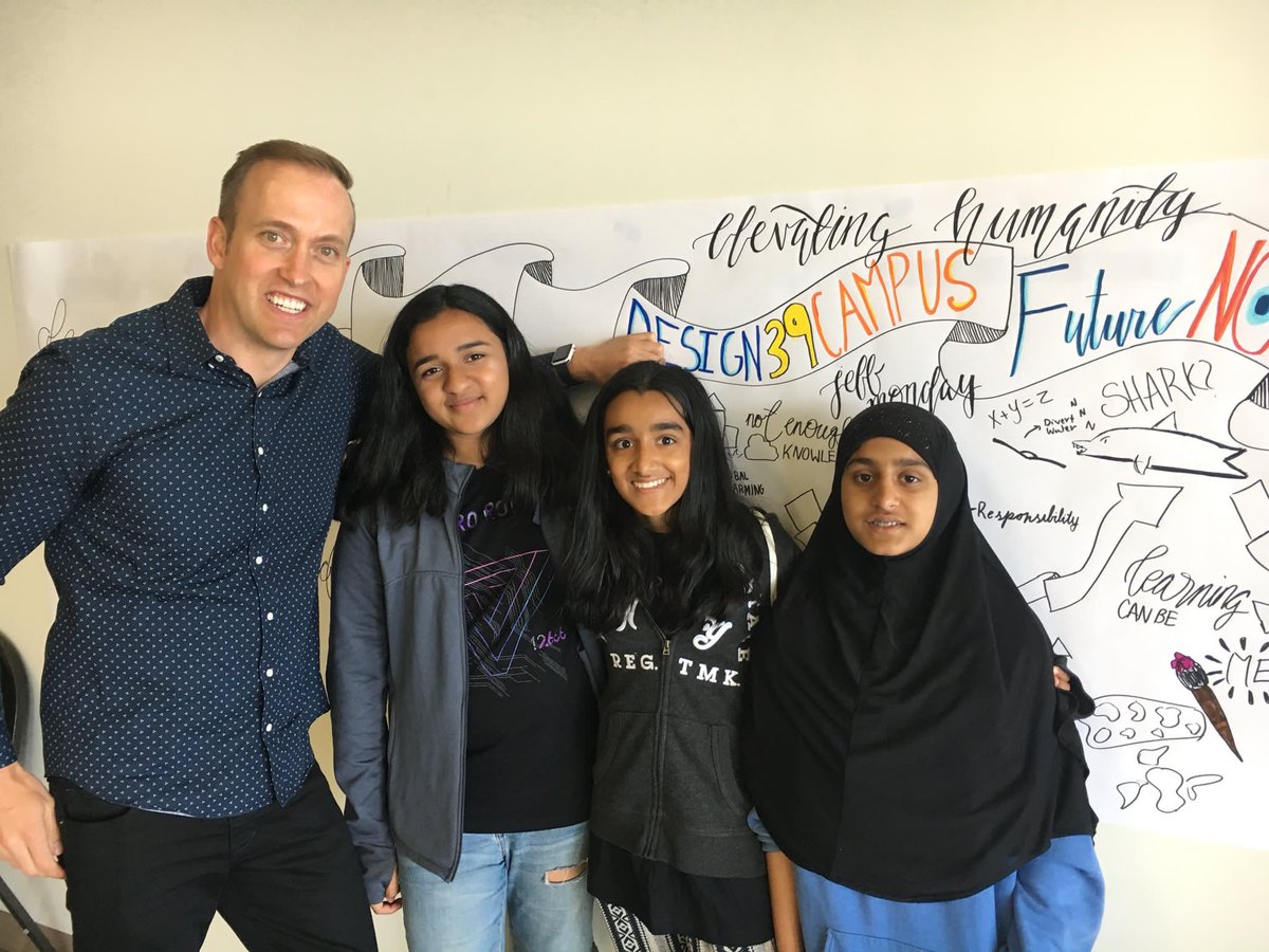 KellyEveleth's tweet photo. Here are the ambitious learners who took a crazy idea & ran with it. These 3 (pic w/ keynote speaker Jeff Monday) practiced & learned how to work off each other’s talents to make this happen. Huge props for the courage to try something new in front of live audience. #FutureNOWedu https://t.co/X14C55wveF