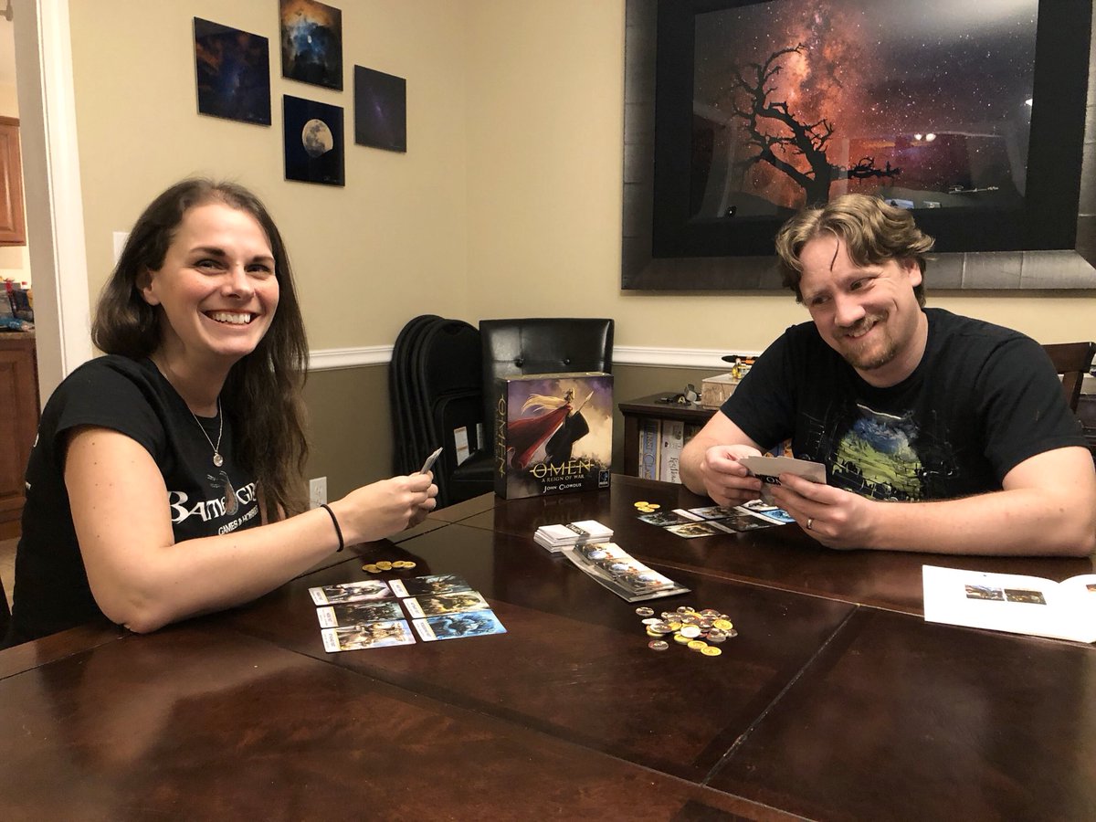 Boardgame_girl1's tweet photo. We played #Omen by #JohnClowdus from @kolossalgames that’s coming to on @kickstarter on Monday! 
Great tug of war, 2 player battle #game. And I beat The Ron! #bestgameever! #boardgames #KickstarterAddict #InternationalTabletopDay @TabletopDay 
https://t.co/KoJjwMgHvk https://t.co/jE6rzjwMAJ