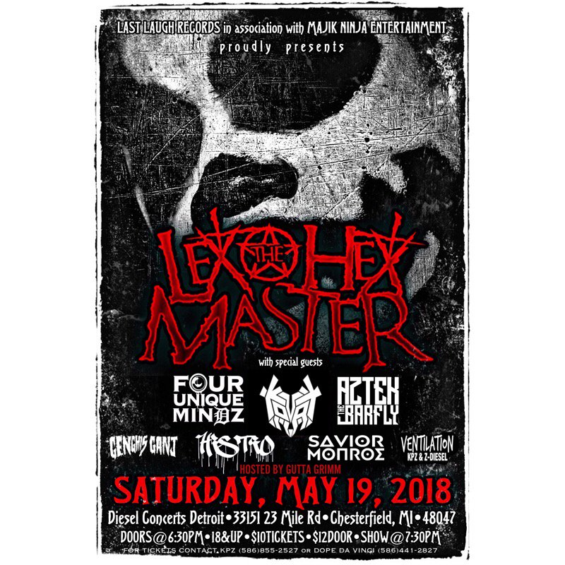 majikninjaent's tweet photo. There's plenty of great shows heading your way including @lexthehexmaster and a whole bunch of #Underground acts!!!
It all goes down May 19th in #Chesterfield #Detroit ☠️
 #LextheHexMaster #MNE #MNE2018 #MajikNinjaEntertainment #LastLaughRecords #Liveshow https://t.co/sFeYCvTk0G