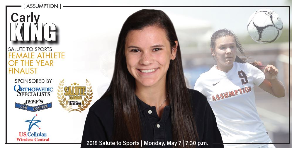 mattcoss78's tweet photo. Our sixth Quad-City Times Female Athlete of the Year finalist is Assumption's Carly King. The junior placed in the top three in four events at last year's 3A state track meet, one of the MAC's top goal scorers and a starter on the volleyball team. @carlykinggg https://t.co/2U285noXtq