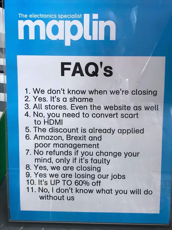 Closing down sign on Maplin’s in Shrewsbury - sign on the door. Good luck finding other work. Will miss you. #Shrewsbury #maplins