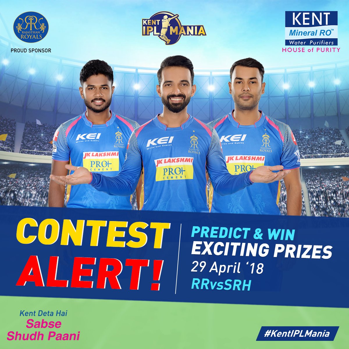 #ContestAlert We are back with another chance for you to win amazing prizes! Just watch #RRvSRH and answer a simple question using the hashtag #KentIPLMania. Stay tuned! Don't forget to retweet and like. <a href="/rajasthanroyals/">Rajasthan Royals</a> #Hallabol