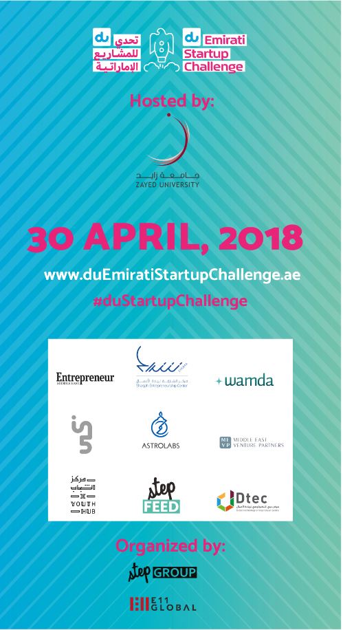 DXBMediaOffice's tweet photo. .@dutweets launches Emirati startup challenge where 18 young Emirati entrepreneurs will compete on April 30th at Zayed University Convention Center, to showcase their ideas in front of a live audience and a judging panel in a competition to win prizes. #duStartupChallenge https://t.co/wOIA2ZoJka