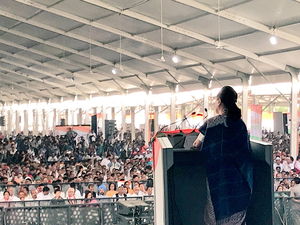 Smt Sonia Gandhi ji addressing the #JanAkroshRally at Ram Lila ground.