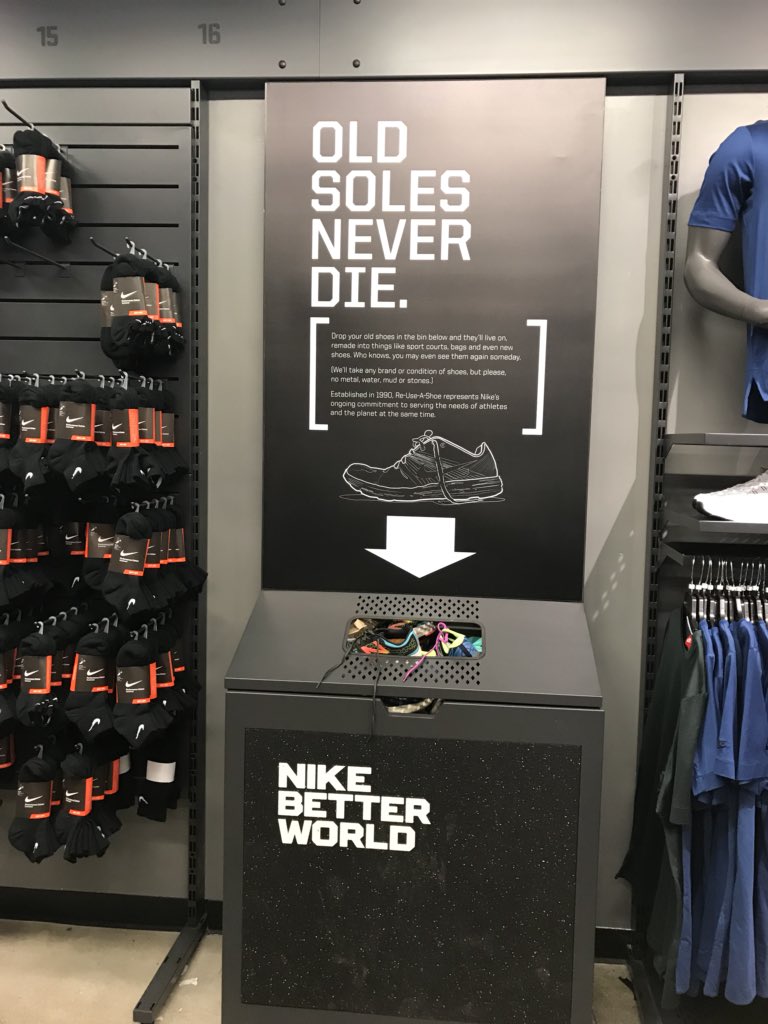 MonikaHirsch's tweet photo. Very impressed with what I saw in a @Nike outlet today! Such an awesome idea! Buy a pair of new shoes and you can give your old shoes to #reuseashoe ! ♻️👟♻️ #environmentallyfriendly https://t.co/C4u6Vk18eA